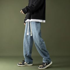 Men Jeans Spring and Autumn Straight Loose Drawstring Pants Retro Wide-Leg Pants