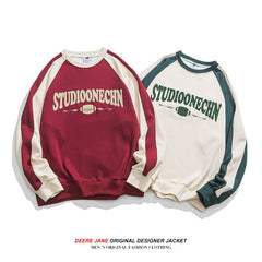 Men Pullover Hoodie Spring Patchwork Sweater Men Couple Letters round Neck Loose All-Match