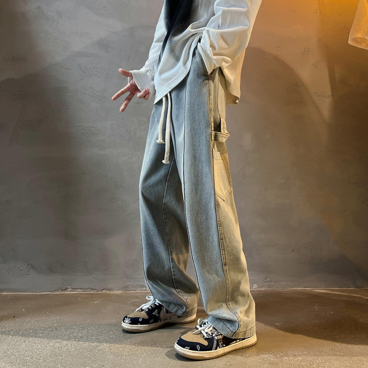 Men Jeans Washed Jeans Men Spring Baggy Straight Trousers