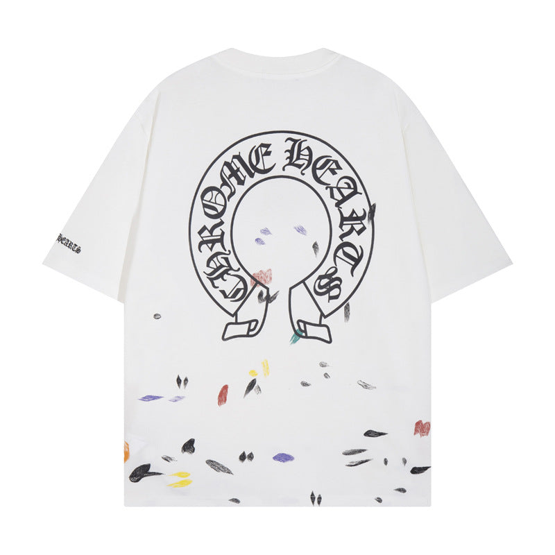 CHH Heart T Shirts Croix Cross Sanskrit Embroidery Versatile Casual Loose