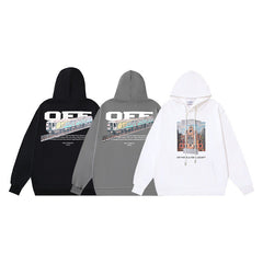 OW audio train print pattern pullover hooded sweater