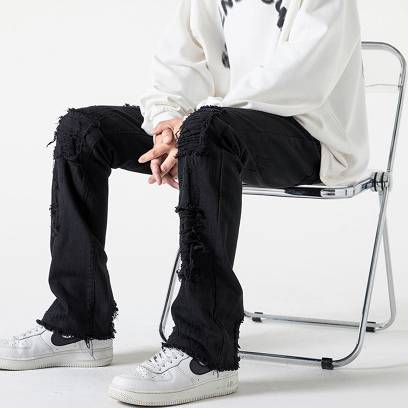 Men Jeans Black Jeans Men's Spring and Autumn Straight-Leg Pants Ripped Leisure Trousers