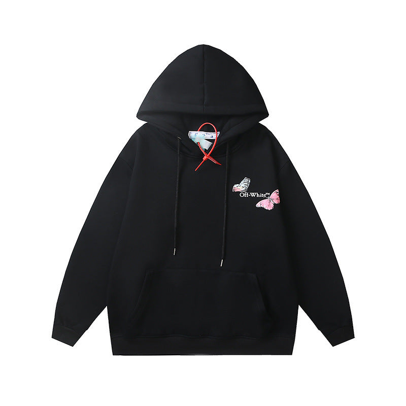 Autumn and winter OW butterfly letter arrow pattern pullover fleece hooded sweater