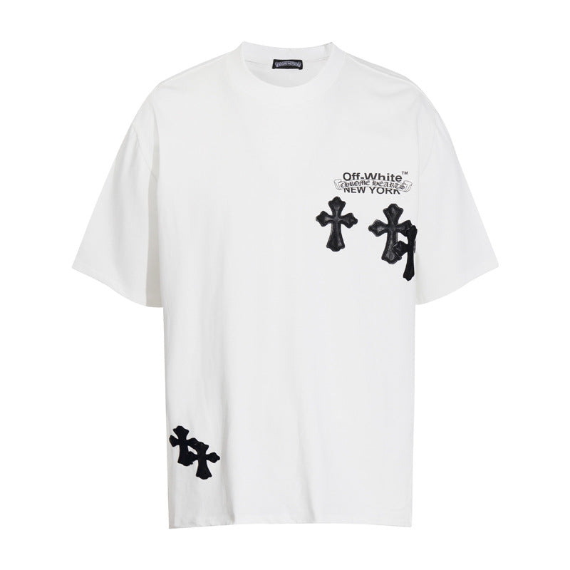 CHH Heart T Shirts Cross Color Leather Printed Short Sleeve T-Shirt Loose