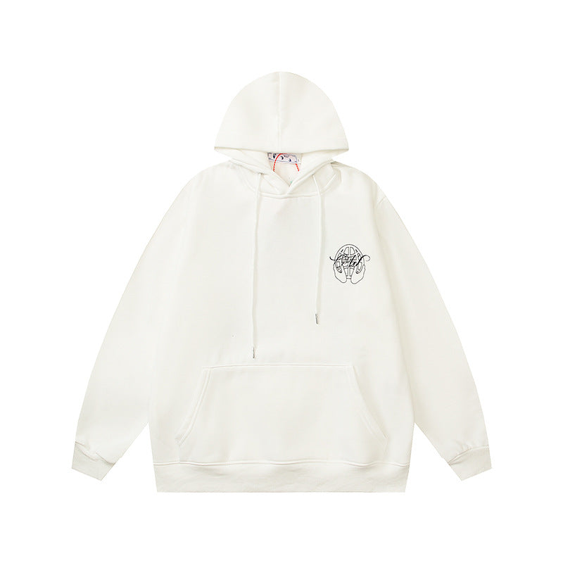 Off White hoodie with a fleece hood with a palm globe arrow pattern