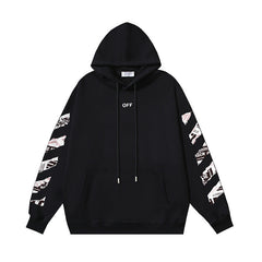 OW Newspaper Letter Arrow Pattern Pullover Hooded Sweater