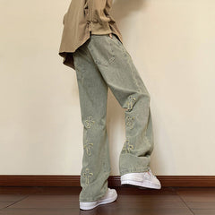 Men Jeans Embroidered Jeans Straight-Leg Pants