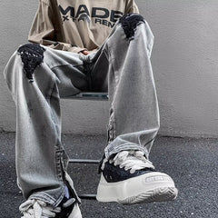 Men Jeans Gray Broken Hole Jeans Public Zipper Split Bootcut Trousers