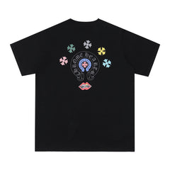 CHH Heart T Shirts Cross Leather Print Short Sleeve T-Shirt Loose