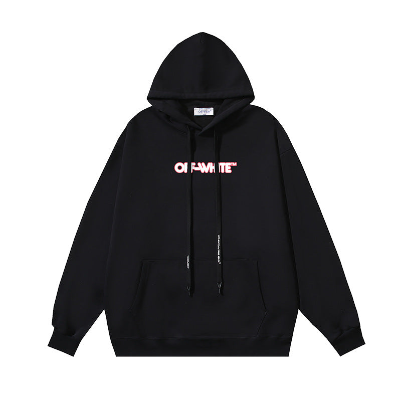 OW letter print pattern pullover hooded sweater