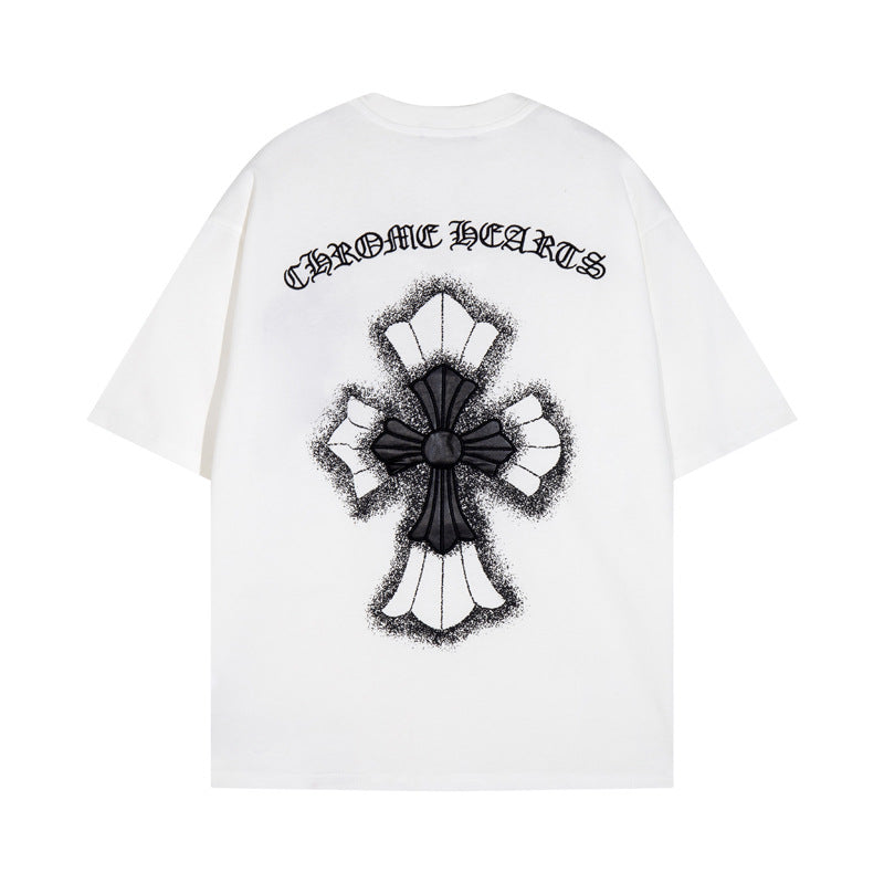 CHH Heart T Shirts Croix Cross Leather Printed Short Sleeve T-Shirt