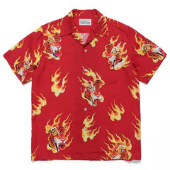 GUILTYPARTIES TIGER Shirts TIM LEHI / Flame Tiger Head Tiger Hawaiian short-sleeve shirt for men