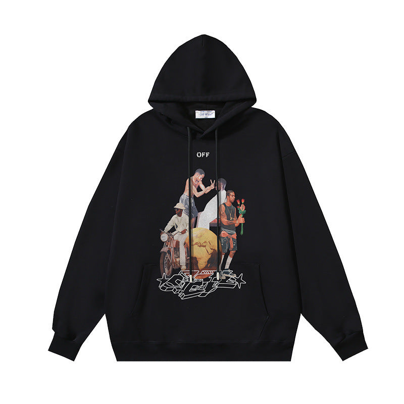 OW black character print pattern pullover hooded sweater
