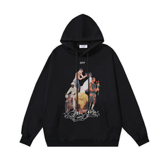 OW black character print pattern pullover hooded sweater