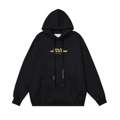 OW Yellow Letter Pattern Hooded Pullover Sweater