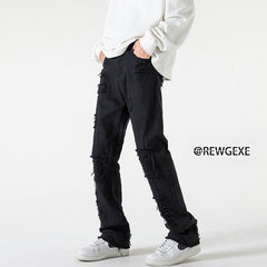 Men Jeans Black Jeans Men's Spring and Autumn Straight-Leg Pants Ripped Leisure Trousers
