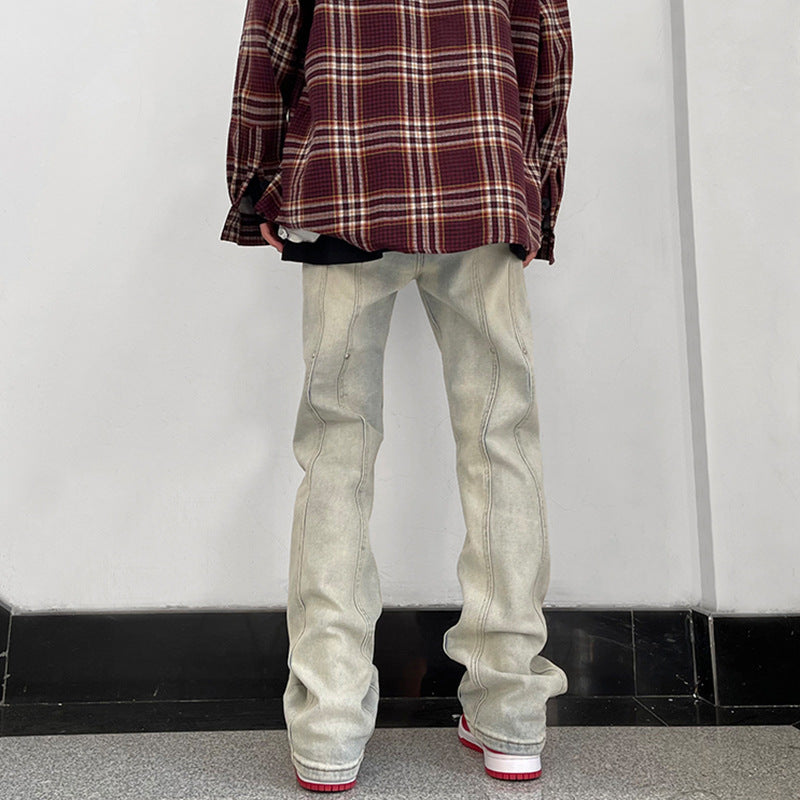 Men Jeans Loose Straight Hiphop Draping Rivet Overalls