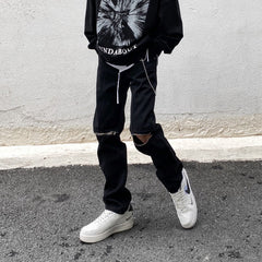 Men Jeans Vintage Black Knee Ripped Zipper Jeans