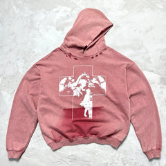 Unisex Vintage Hoodie [Heavy-Wash Faded Dark Red] Saint Cross Holy Limited Edition Distressed Hoodie ¡ª Featuring multi-area hand-distressing, custom fabric matched to the original in texture and color, and a heavyweight Asut enzyme-grind wash for
