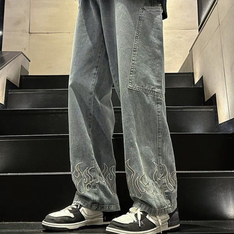 Men Jeans Embroidered Flame Jeans Baggy Straight Trousers