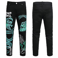 Mens Fashion Jeans Green Snake Street Graffiti 5705#
