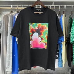 Purple T Shirts Brocade Safflower Green Plant Printing Cotton Casual Short Sleeve Men and Women