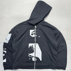 Unisex Vintage Hoodie ENFANTS RICHES DEPRIMES (ERD) ¨C Oversized zip-up hoodie featuring Madonna illustrations, multiple patch prints, a washed/distressed finish, and a relaxed silhouette.