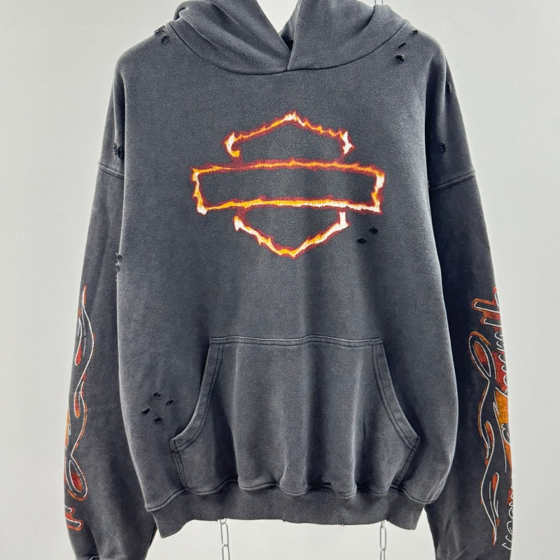 Unisex Vintage Hoodie Harley-Davidson West Coast Flames & Cross Limited Edition Distressed Hoodie ¡ª featuring multi-area handcrafted distressing and heavy-duty enzyme-washed, faded finish.