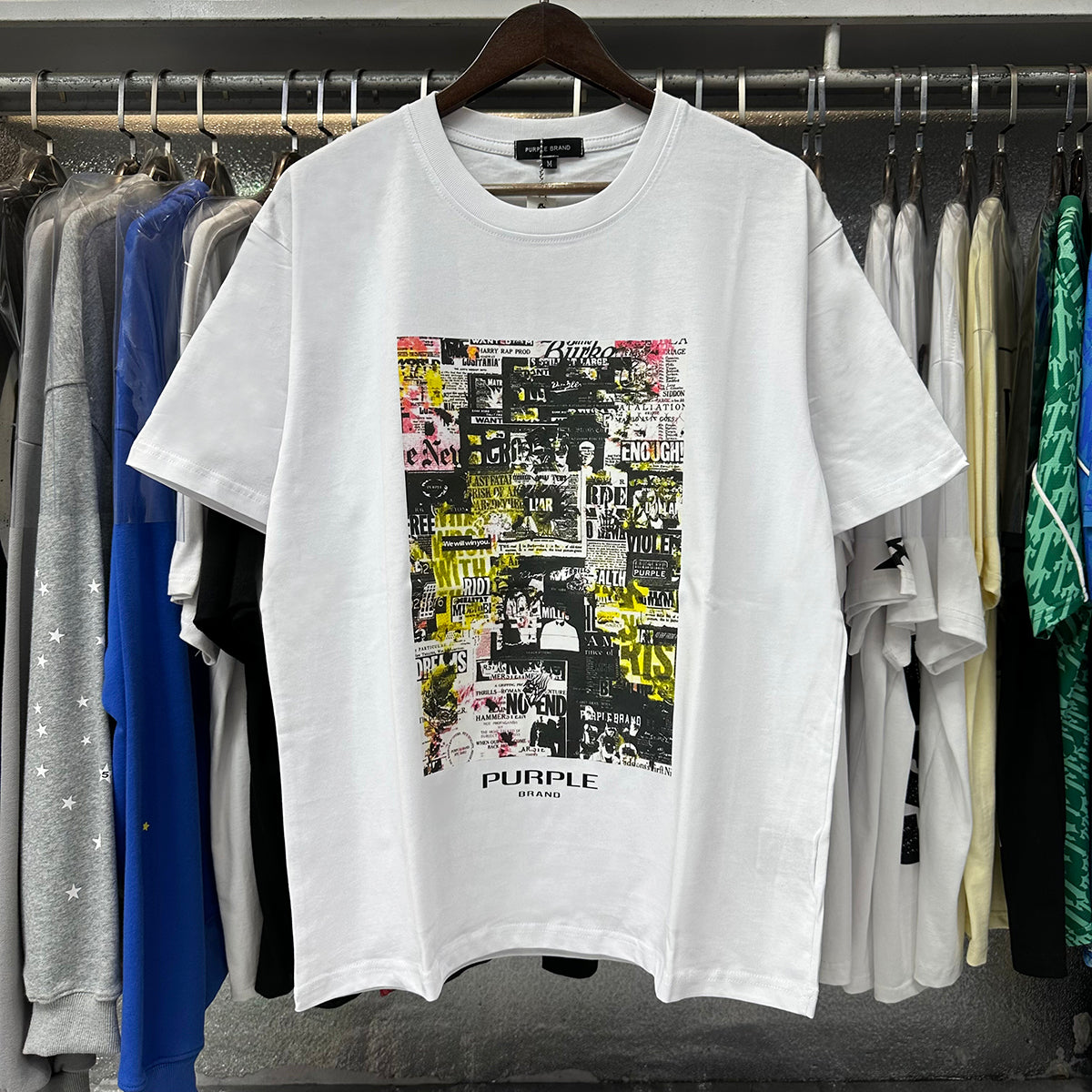 Purple T Shirts Newspaper Printed Cotton Casual Short Sleeves Men and Women