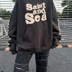 Unisex Vintage Hoodie Saint Michael Saint & Sea American Vintage-Style Hoodie with Puff-Print Graffiti Graphics