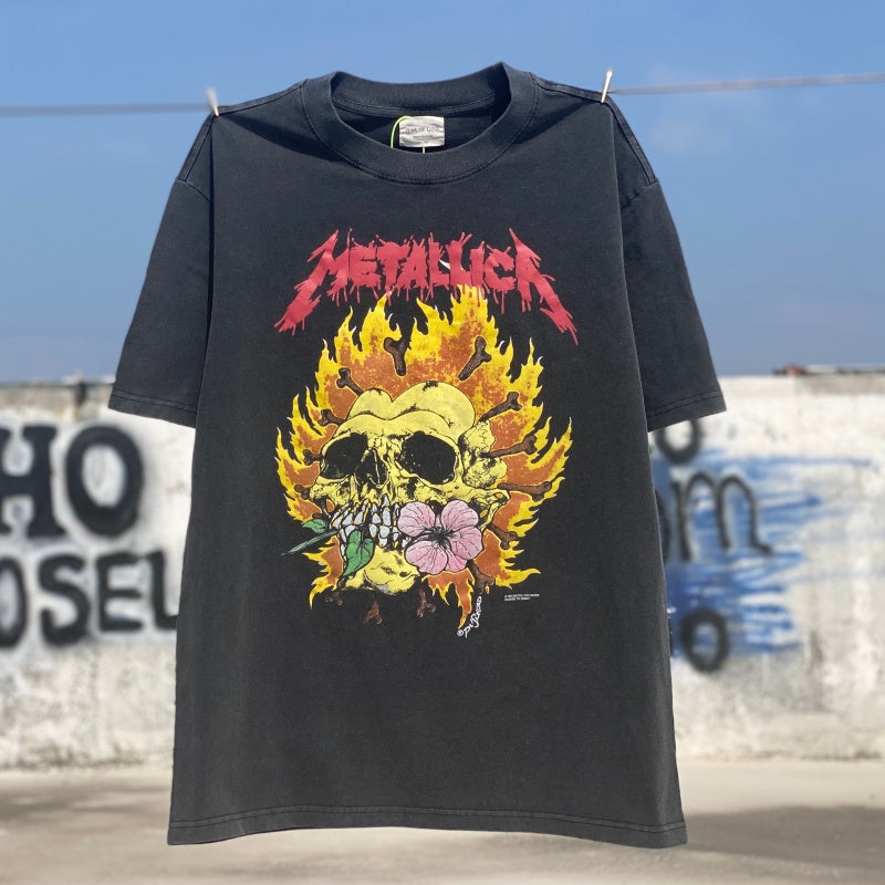 Unisex Vintage T Shirts Metallica Flower Skull ¡ª a limited-edition, one-of-a-kind (1-of-1) piece featuring a Fear of God-style graphic, printed on a heavyweight, vintage-washed base garment.