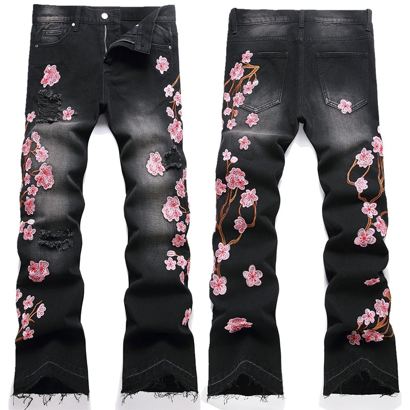 Mens Fashion Jeans Pink cherry blossom embroidered wide-leg pants 5710#