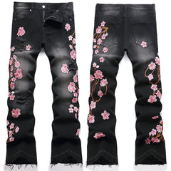 Mens Fashion Jeans Pink cherry blossom embroidered wide-leg pants 5710#