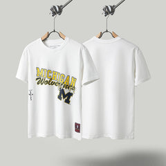 Travis Scott T Shirts x Mitchell x Ness Michigan Wolverines Hand-Drawn Short Sleeve