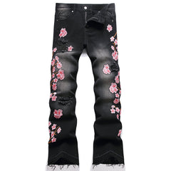 Mens Fashion Jeans Pink cherry blossom embroidered wide-leg pants 5710#