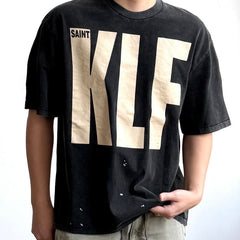 Unisex Vintage T Shirts Saint ¡Á KLF Freedom Radio Collaboration T-Shirt. Heavyweight 260g pure cotton fabric (post-wash weight). Vintage single-stitch and blind-stitch construction. Features hand-painted ink splatter, sandblasted wash finish, and dis