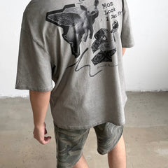Unisex Vintage T Shirts SAINT MICHAEL x CHO Omnipotent Limited Edition ¨C High-Street Short-Sleeve Tee featuring Direct-to-Garment (DTG) white ink printing, heavy-duty distressed wash finish, and a unique cement-grey colorway.