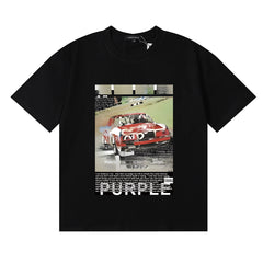 Purple T Shirts Racing Poster Printing Cotton Casual Short Sleeves Men and Women