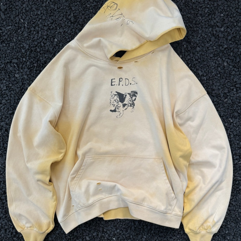 Unisex Vintage Hoodie PalyHollywood SS25 ¡°EPDS¡± Exclusive: Washed & Distressed Hoodie. Features multi-zone handcrafted distressing and a heavyweight Asut enzyme-milled wash finish.